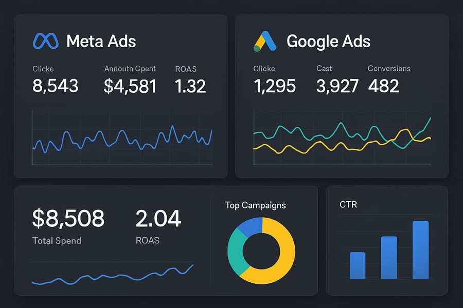 Digital advertising dashboard displaying Meta Ads and Google Ads analytics Digital advertising dashboard displaying Meta Ads and Google Ads analytics