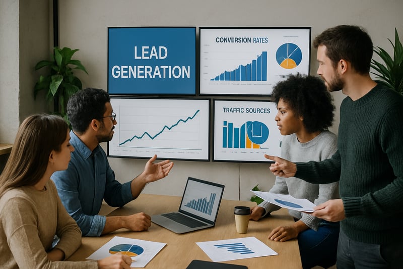 Digital marketing team analysing lead generation campaign performance on screens Digital marketing team analysing lead generation campaign performance on screens