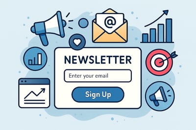 Newsletter sign-up illustration with digital marketing icons